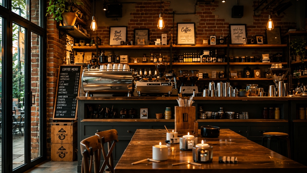 Atmospheric brick wall barista counter and work seating
