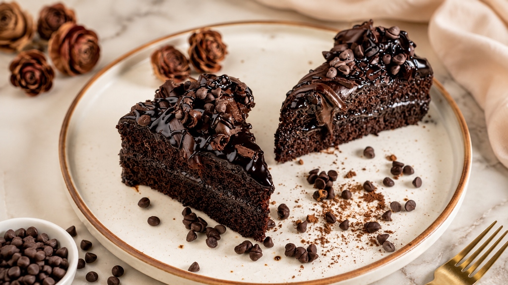 Decadent slice of dark chocolate ganache truffle cake with cocoa powder