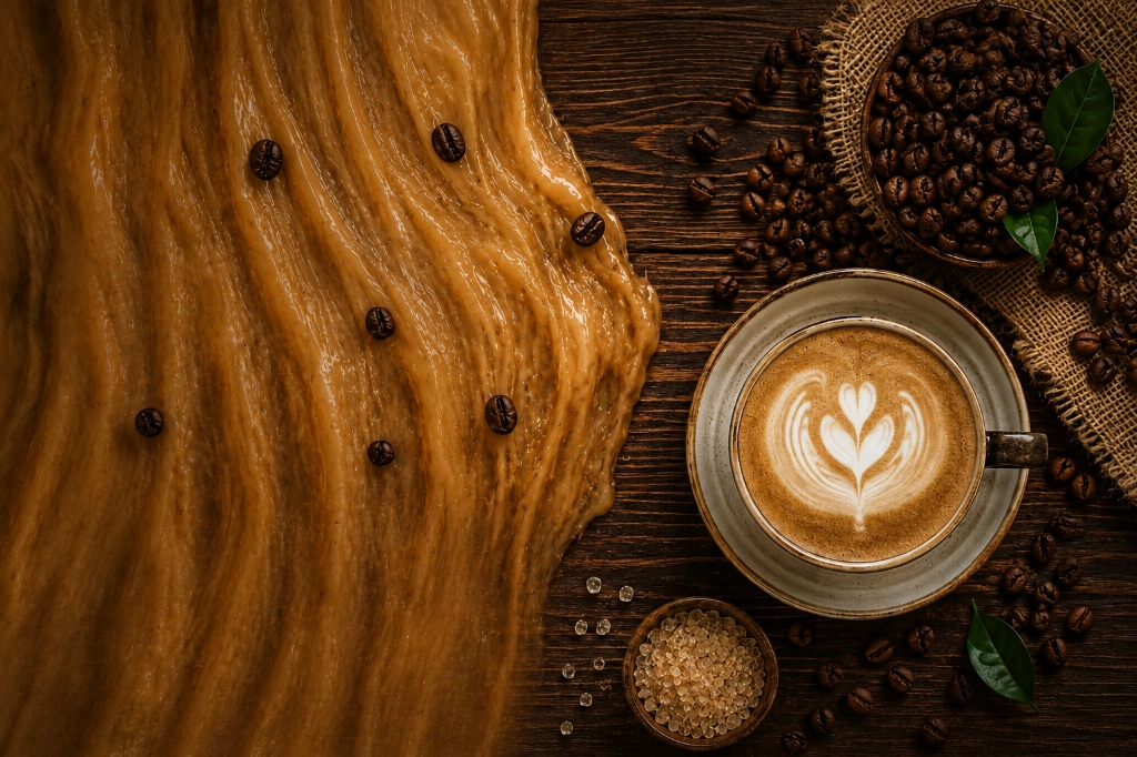 Top-down view of handcrafted latte art cup surrounded by roasted espresso beans and raw sugar