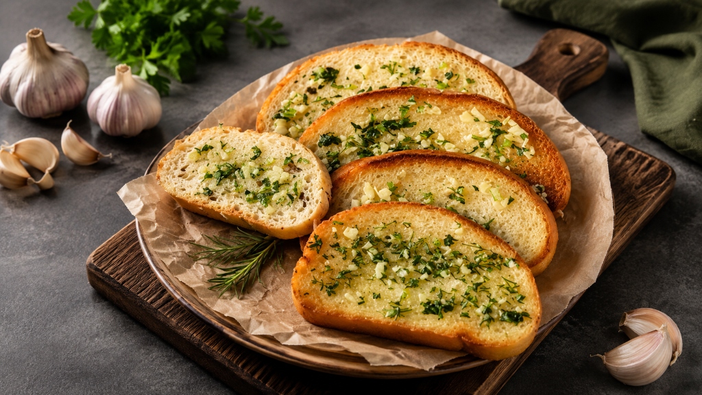 Golden toasted garlic herb brioche slices served warm on parchment paper